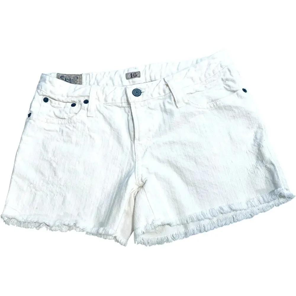 Polo Ralph Lauren Shorts Girls 16 White Jean Frayed Hem Denim Casual Dungarees